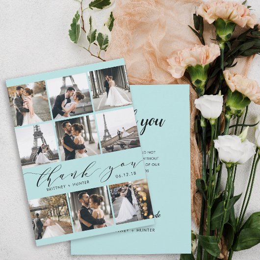 赤モダンちゃんブルー書道9写真コラージュ サンキューカード