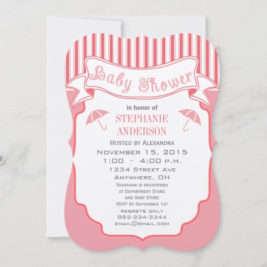 赤モダンちゃん女の子かわいいストライプパタンシャワー 招待状 (正面)