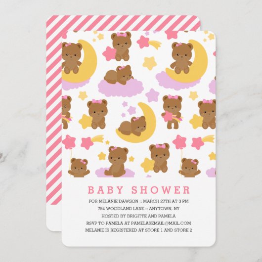 赤モダンちゃん女の子Little Bear赤ちゃんシャワー 招待状 (正面/裏面)