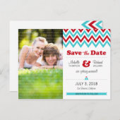 赤モダンとアクアシェブロンの写真デートを保存 案内ポストカード (正面/裏面)