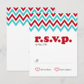 赤モダンとアクアシェブロン&ロベバードRSVP インビテーションポストカード (正面/裏面)