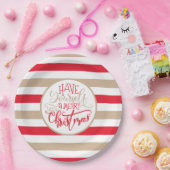 赤モダンとタンのメリークリスマスストライプの ペーパープレート (パーティー)