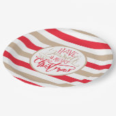 赤モダンとタンのメリークリスマスストライプの ペーパープレート (アングル)