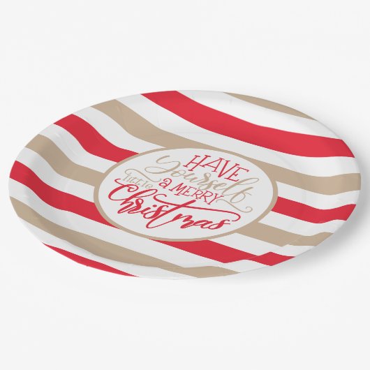 赤モダンとタンのメリークリスマスストライプの ペーパープレート (アングル)