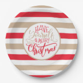 赤モダンとタンのメリークリスマスストライプの ペーパープレート (正面)