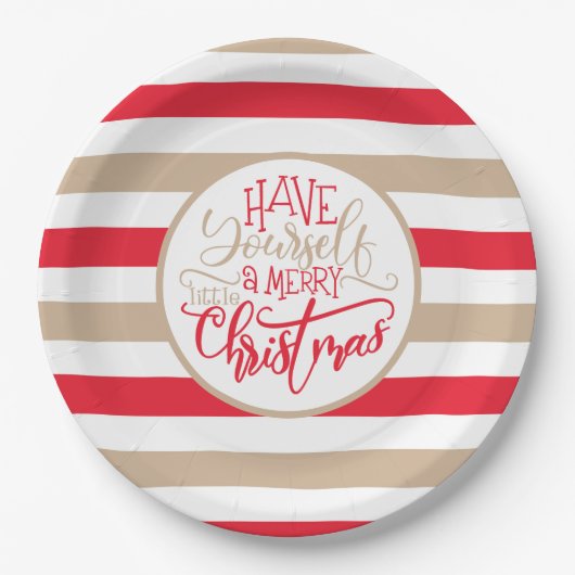赤モダンとタンのメリークリスマスストライプの ペーパープレート (正面)