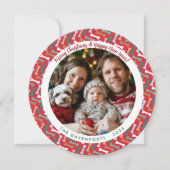 赤モダンとティール(緑がかった色)犬の骨パターンファミリー写真 シーズンカード (正面)