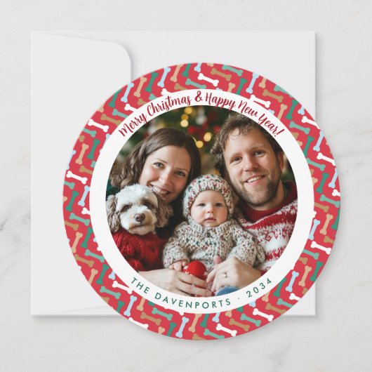 赤モダンとティール（緑がかった色）犬の骨パターンファミリー写真 シーズンカード (正面)