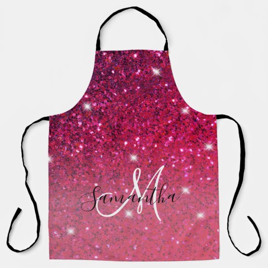 赤モダンとピンクのグリッターのスパークル名 エプロン (正面)