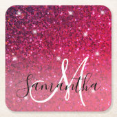 赤モダンとピンクのグリッターのスパークル名 スクエアペーパーコースター (正面)