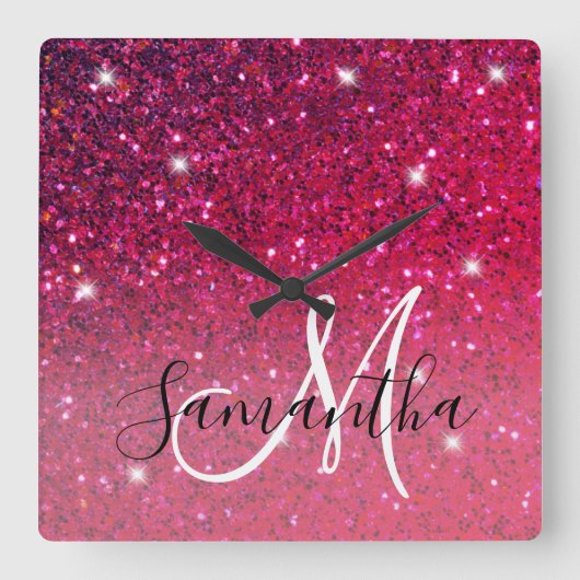 赤モダンとピンクのグリッターのスパークル名 スクエア壁時計 (正面)