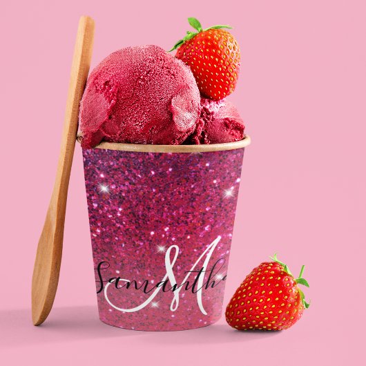 赤モダンとピンクのグリッターのスパークル名 紙コップ