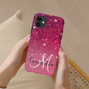 赤モダンとピンクのグリッターのスパークル名 iPhone 11 ケース
