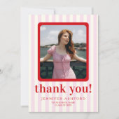 赤モダンとピンクのストライプの写真卒業 サンキューカード (正面)