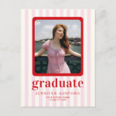 赤モダンとピンクのストライプ写真卒業パーティー ポストカード (正面)