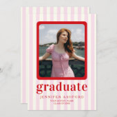 赤モダンとピンクのストライプ写真卒業パーティー 招待状 (正面/裏面)