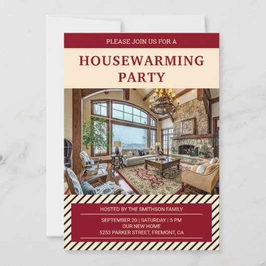 赤モダンとベージュの引っ越し祝いパーティーパーティー写真 招待状 (正面)