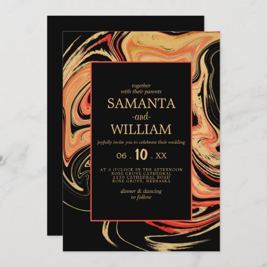 赤モダンとベージュの抽象芸術結婚式招待状 招待状 (正面/裏面)