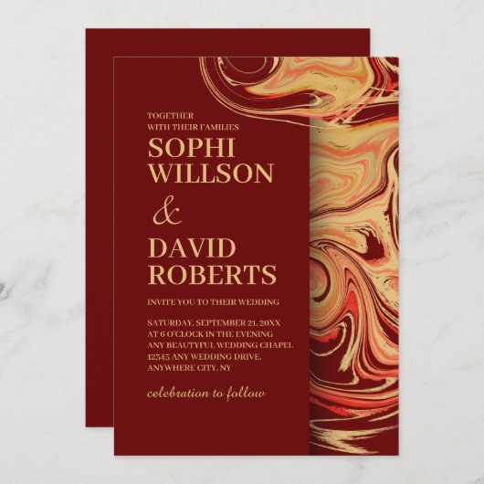 赤モダンとベージュの抽象芸術結婚式招待状 招待状 (正面/裏面)