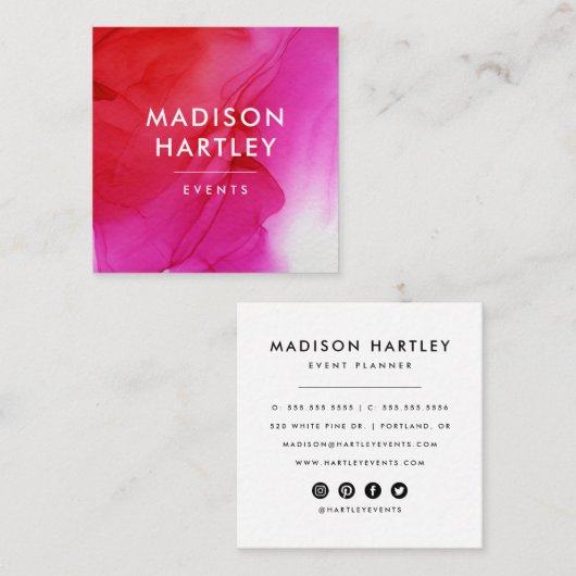赤モダンとマゼンタピンクの水色 スクエア名刺 (正面/裏面)