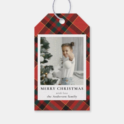 赤モダンとミニマル緑のクリスマス家族の写真 ギフトタグ (正面)