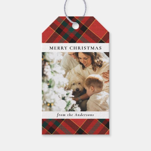 赤モダンとミニマル緑のクリスマス家族の写真 ギフトタグ (正面)