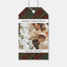 赤モダンとミニマル緑のクリスマス家族の写真 ギフトタグ
