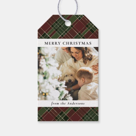 赤モダンとミニマル緑のクリスマス家族の写真 ギフトタグ (正面)