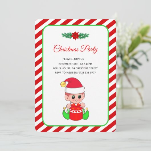 赤モダンと白のクリスマスパーティーの可愛い小妖精や小人 招待状 (スタンド正面)