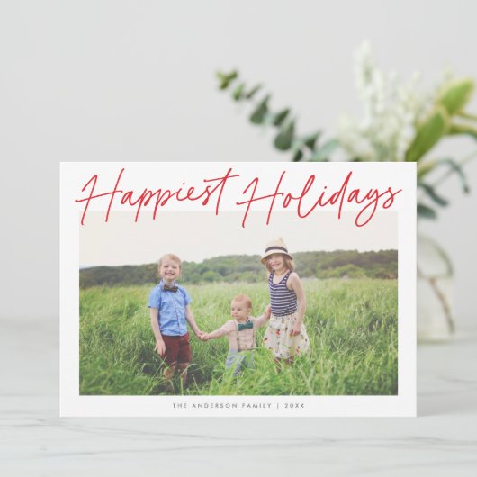 赤モダンと白のスクリプトで最も幸せな休日の写真 シーズンカード (スタンド正面)