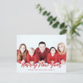 赤モダンと白のハッピー新年の家族の写真 ポストカード (スタンド正面)
