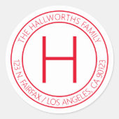 赤モダンと白の差出人住所または製品 ラウンドシール (正面)