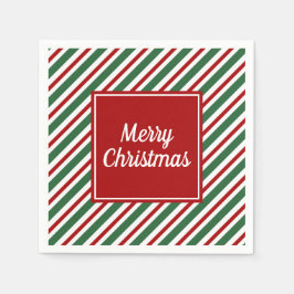 赤モダンと緑のクリスマスストライプ スタンダードカクテルナプキン