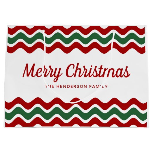 赤モダンと緑のクリスマスストライプ ラージペーパーバッグ (正面)