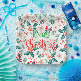 赤モダンと緑のクリスマスツリーパーティー ペーパープレート