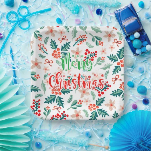 赤モダンと緑のクリスマスツリーパーティー ペーパープレート (パーティー)