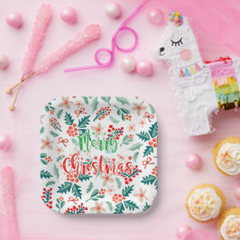 赤モダンと緑のクリスマスツリーパーティー ペーパープレート