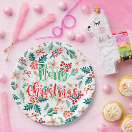 赤モダンと緑のクリスマスツリーパーティー ペーパープレート