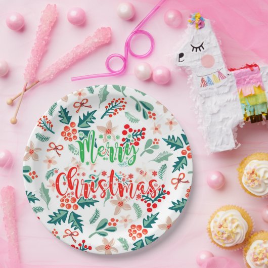 赤モダンと緑のクリスマスツリーパーティー ペーパープレート (パーティー)