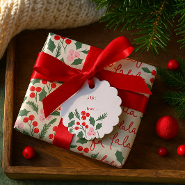 赤モダンと緑のクリスマスフローラルパターン フェイバータグ