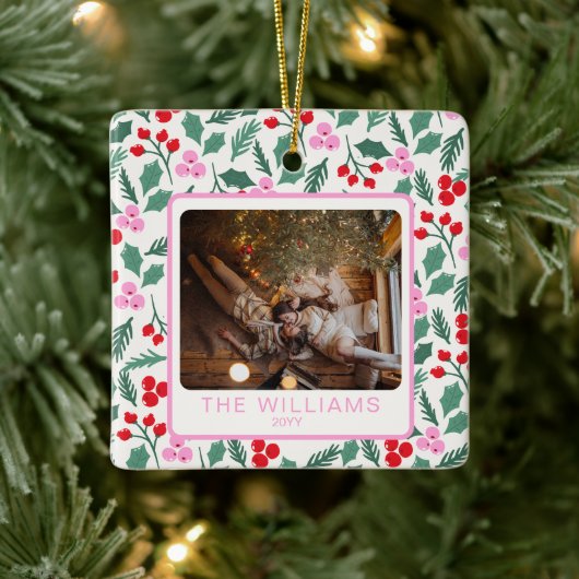 赤モダンと緑のクリスマスフローラ2枚の写真 セラミックオーナメント (ツリー)