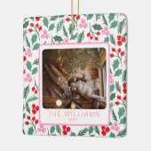 赤モダンと緑のクリスマスフローラ2枚の写真 セラミックオーナメント (左)