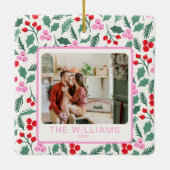 赤モダンと緑のクリスマスフローラ2枚の写真 セラミックオーナメント (裏面)