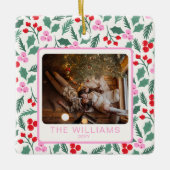 赤モダンと緑のクリスマスフローラ2枚の写真 セラミックオーナメント (正面)