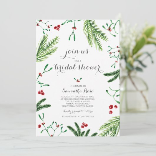 赤モダンと緑のクリスマスブライダルシャワー 招待状 (スタンド正面)