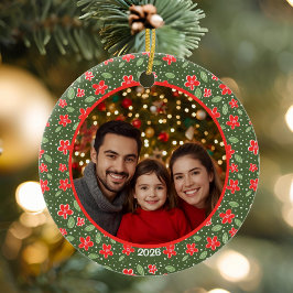 赤モダンと緑のフローラパーソナライズされた写真 セラミックオーナメント