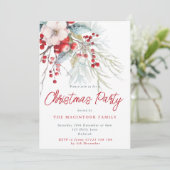 赤モダンと緑の冬の葉クリスマスパーティー 招待状 (スタンド正面)
