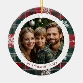 赤モダンと緑の雪片の写真 セラミックオーナメント (正面)