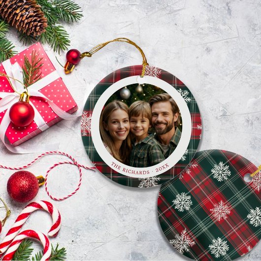 赤モダンと緑の雪片の写真 セラミックオーナメント