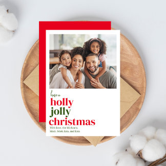 赤モダンと緑1枚の写真クリスマス シーズンカード